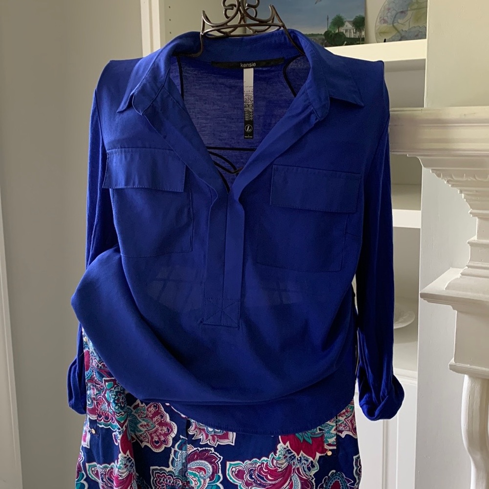 GOR-GEOUS Cobalt Blue Blouse. Back is soft cottony. Front is semi-sheer.